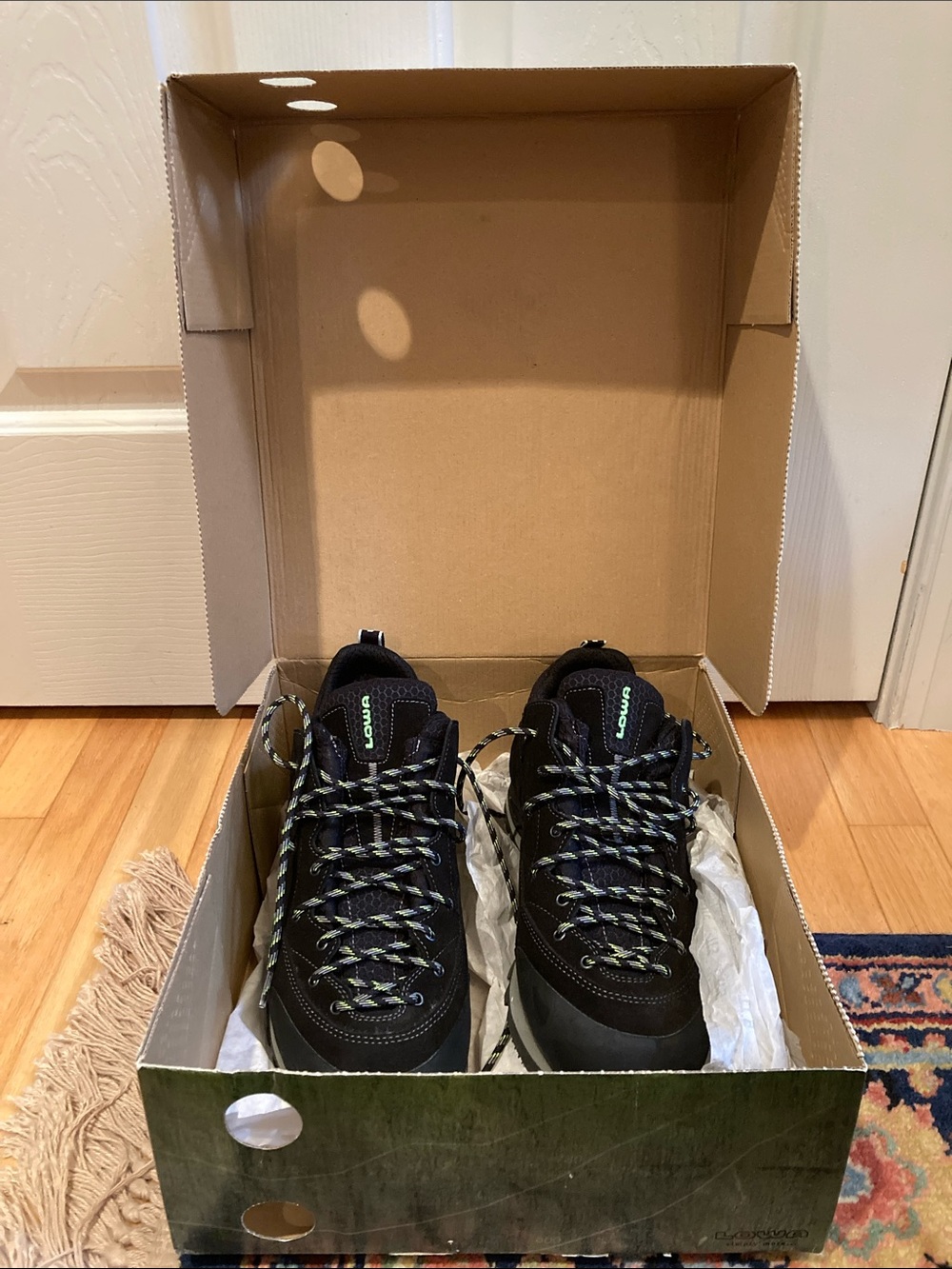 Lowa Men’s Black Hiking Shoes with Green Accents